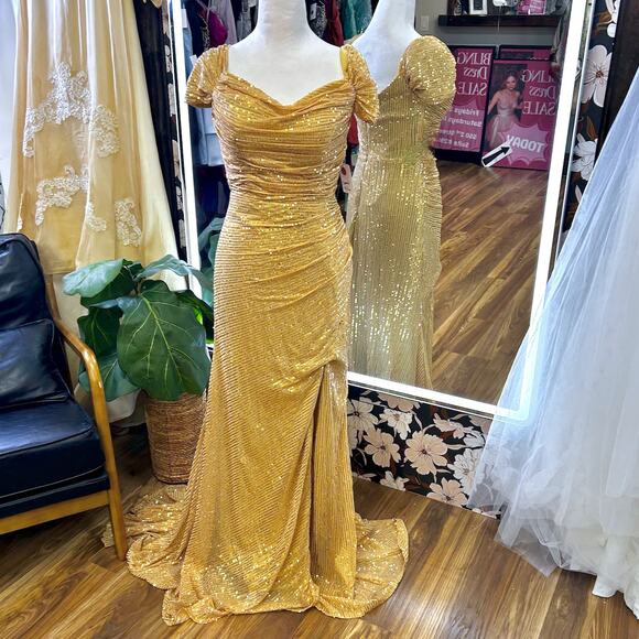Gold Sequin Super Sexy Maxi Gown Ruched Draped Formal Coquette Dress Train S M - Picture 2 of 11